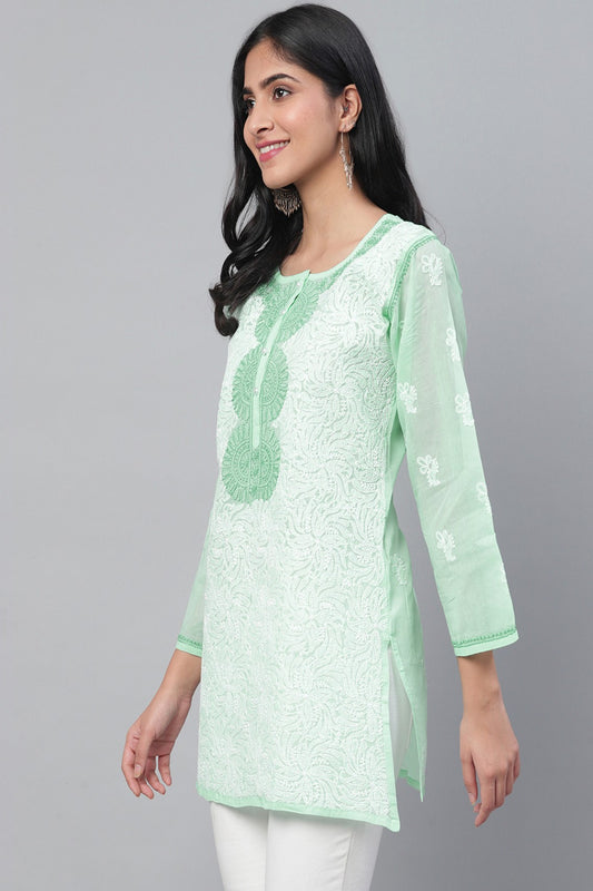 LabelChikankari Sea Green Cotton Chikan Kurti – Embroidered Perfection in Every Stitch