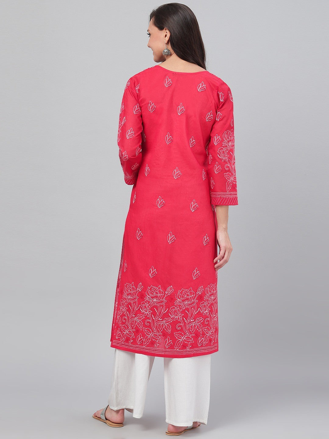 Hand-Embroidered Cotton Lucknowi Chikankari Straight Kurta