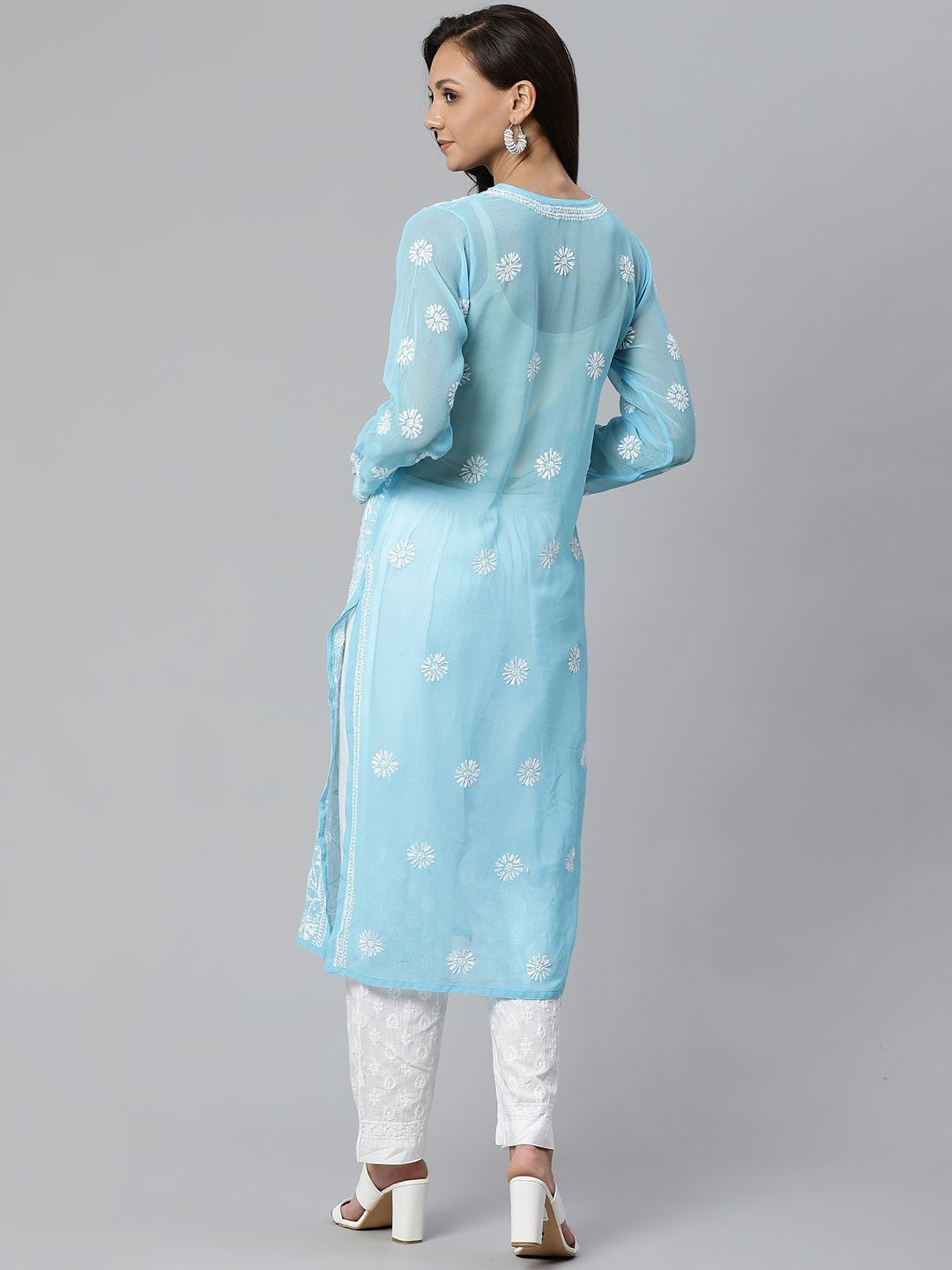 Elegant Hand-Embroidered Faux Georgette Chikankari Kurta Set with Cotton Trousers