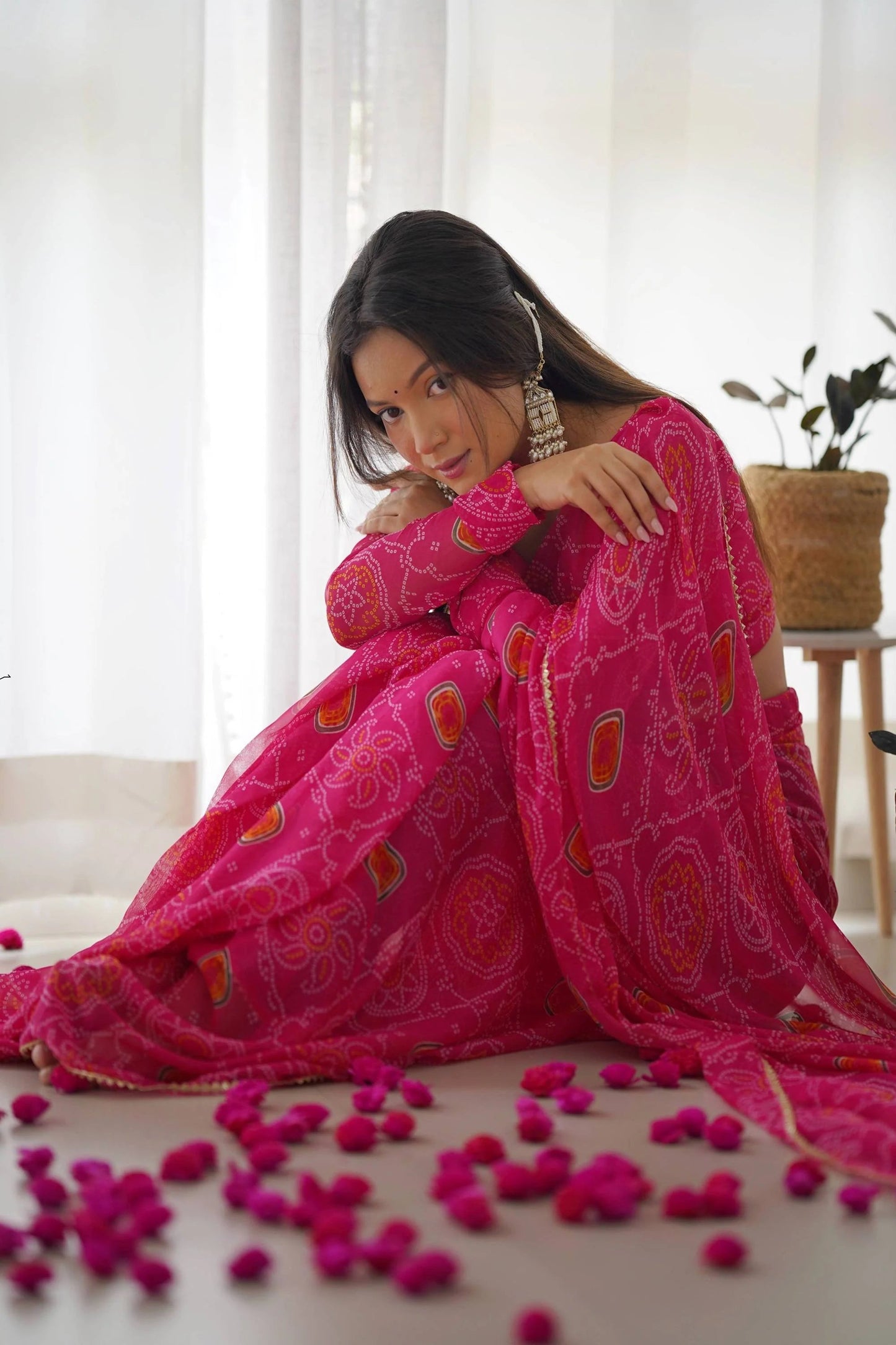 Pink Bandhej Chiffon Saree: Pre-Stitched & Elegant by LabelChikankari