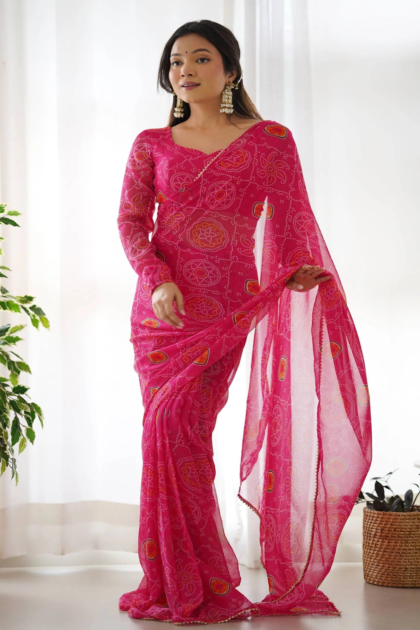 Pink Bandhej Chiffon Saree: Pre-Stitched & Elegant by LabelChikankari