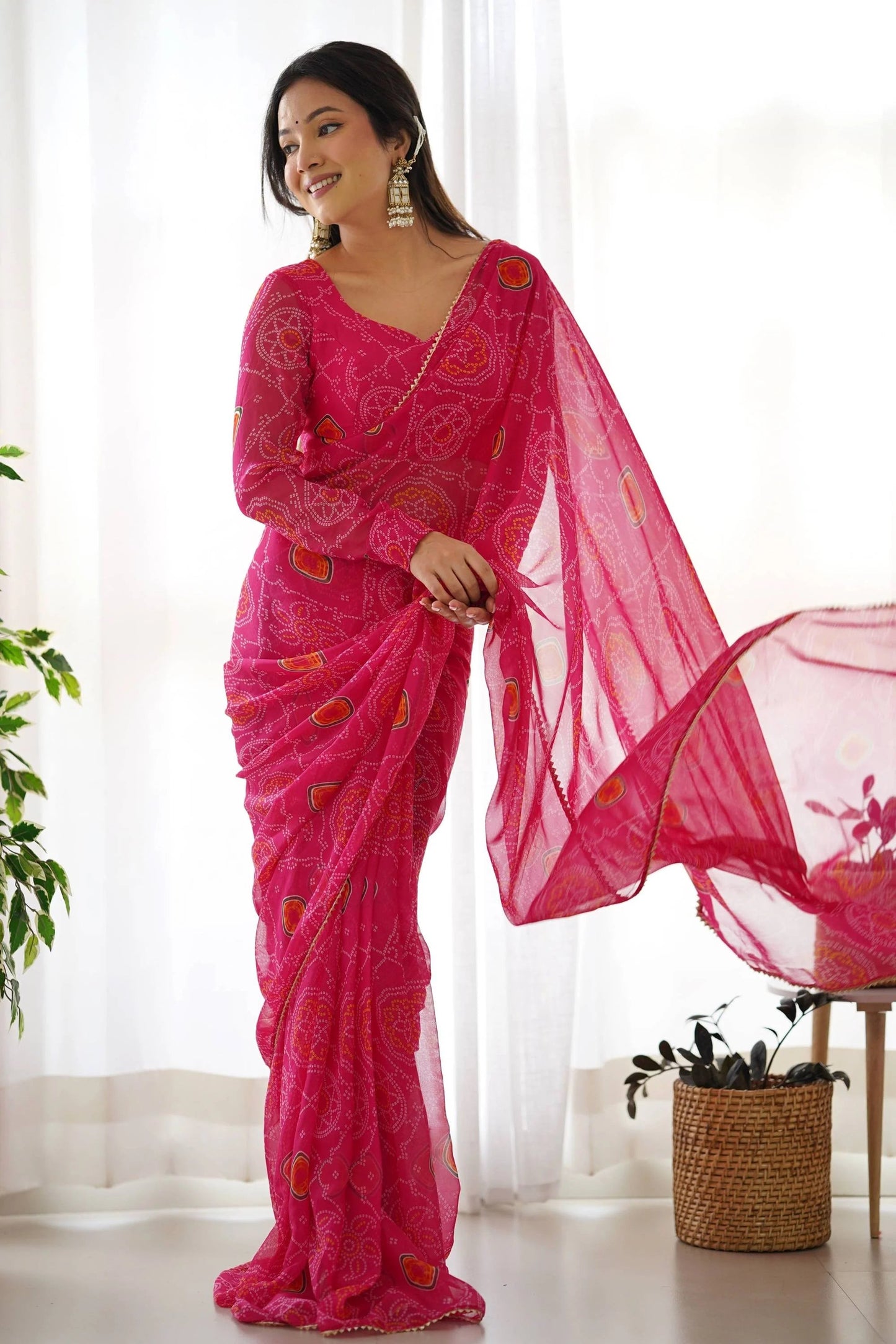 Pink Bandhej Chiffon Saree: Pre-Stitched & Elegant by LabelChikankari