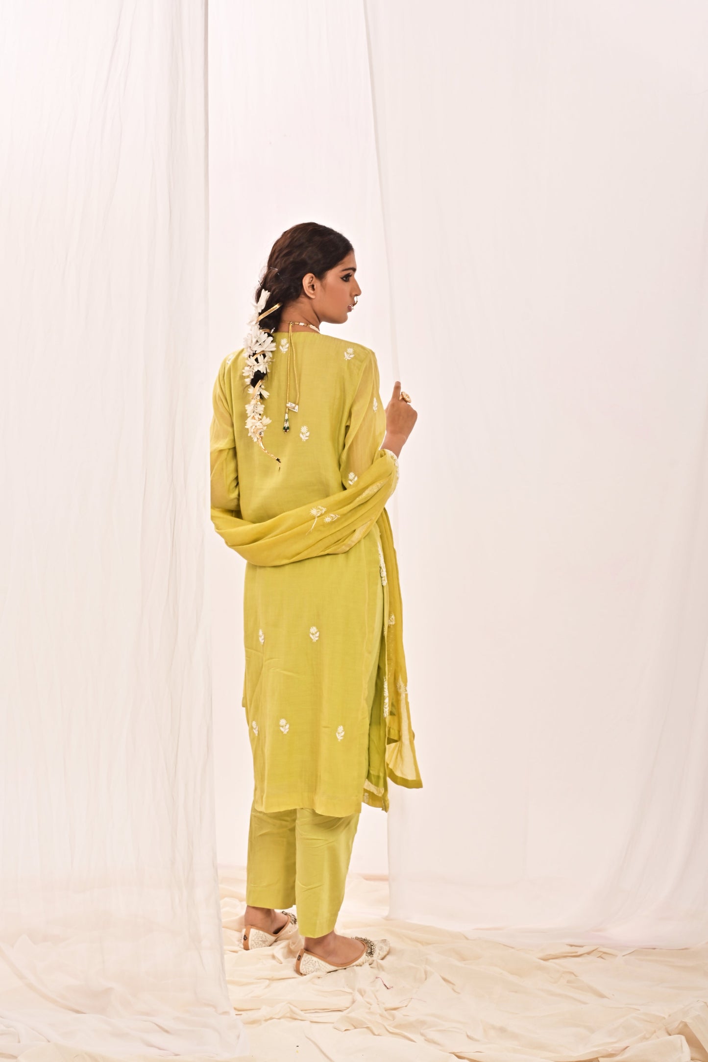 Graceful Long Kurti Set with Cotton Satin Pants and Dupatta