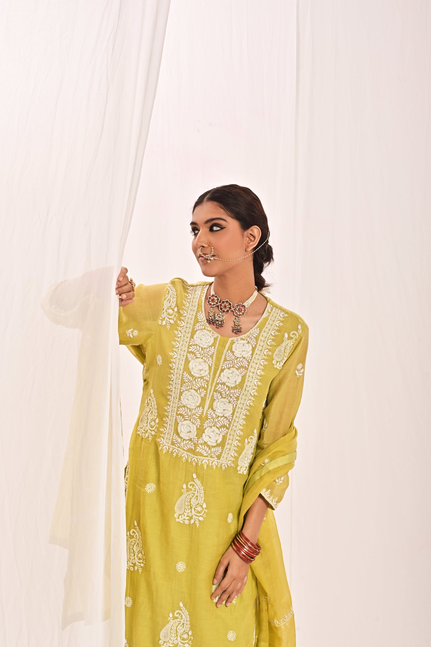 Graceful Long Kurti Set with Cotton Satin Pants and Dupatta