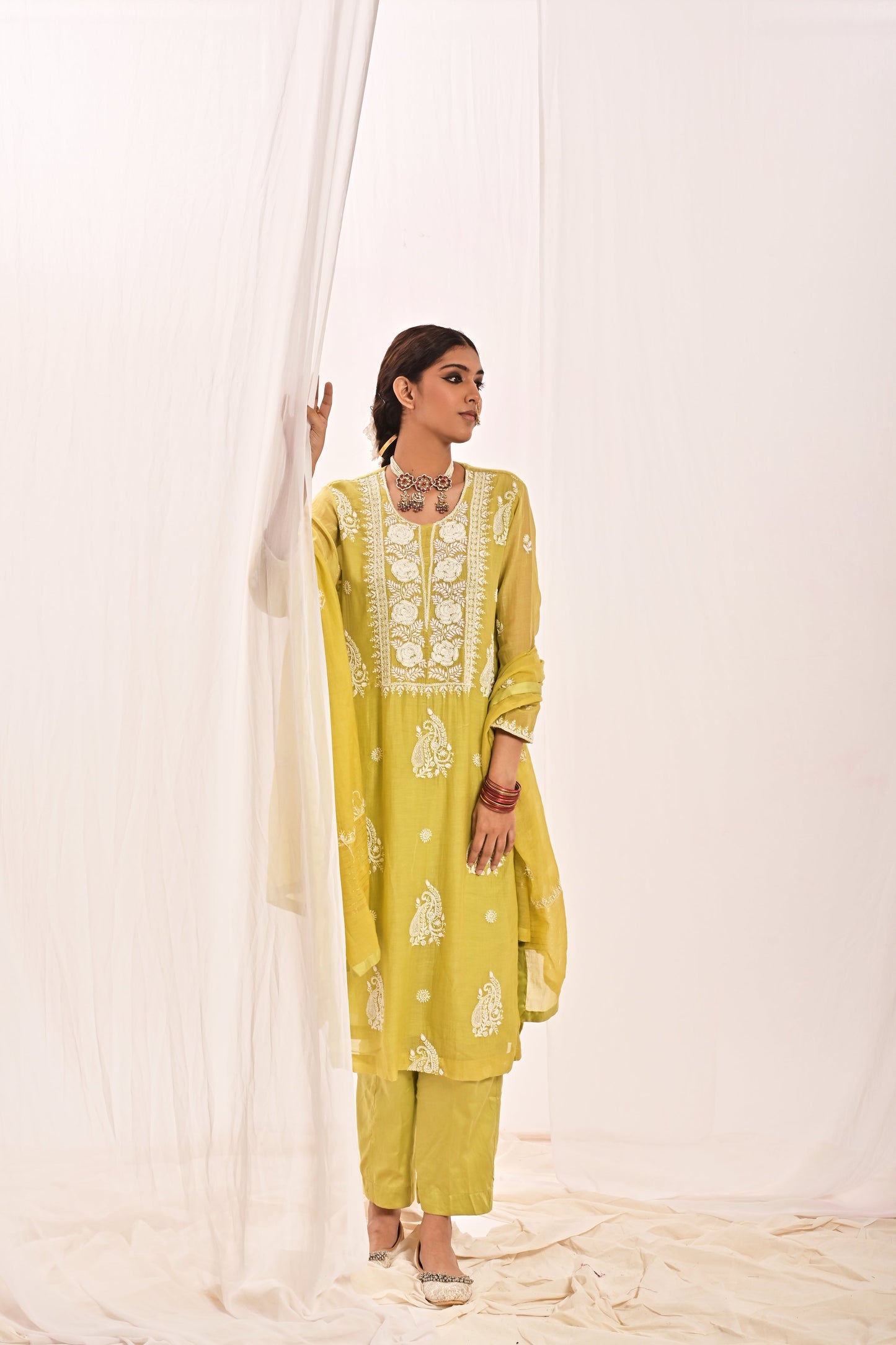 Graceful Long Kurti Set with Cotton Satin Pants and Dupatta