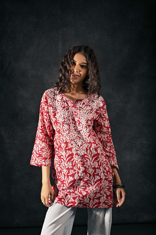 LabelChikankari Red Cotton Kurti with White Chikan Work