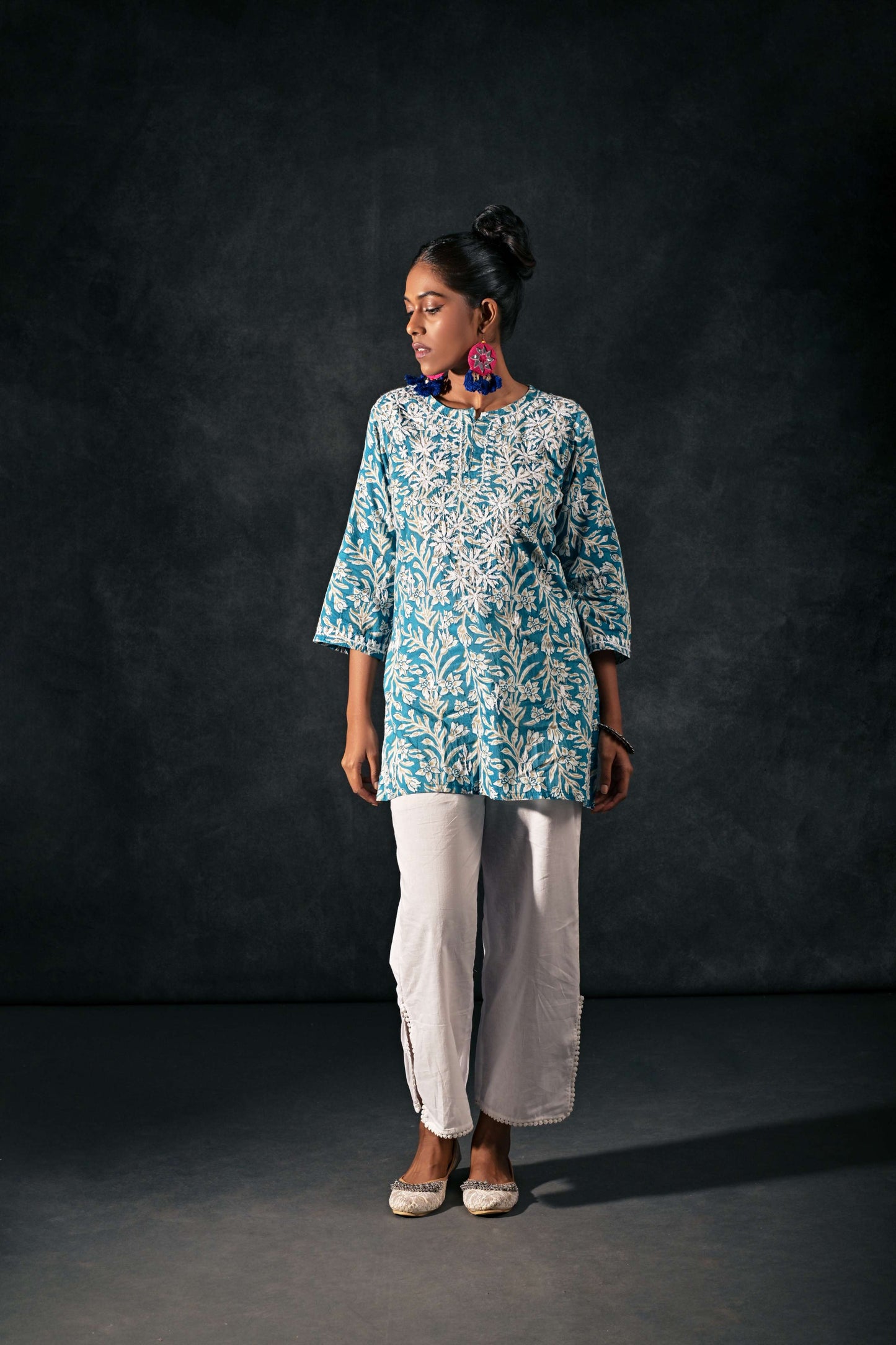 Straight Cut Blue Kurti with White Chikan Embroidery