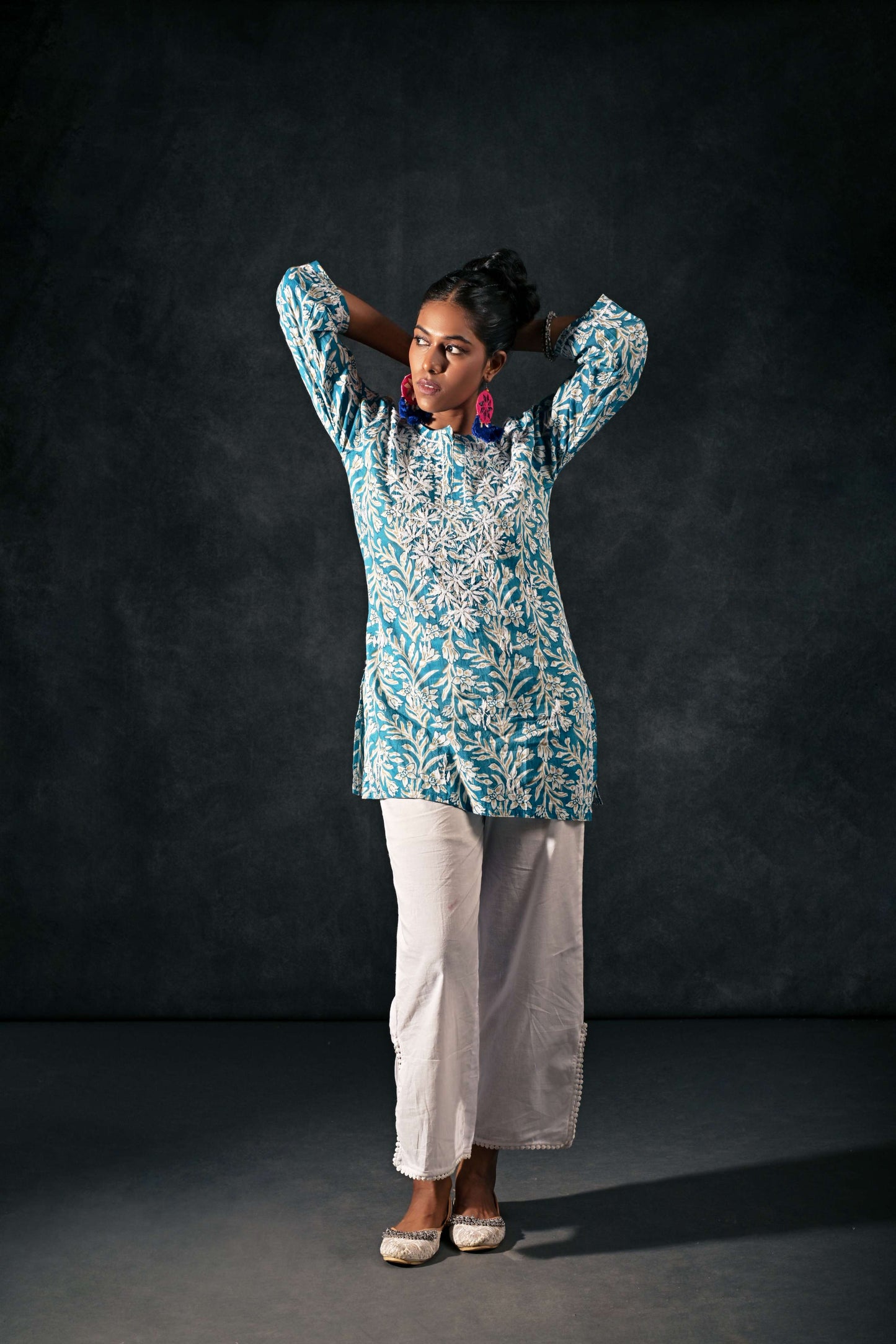 Straight Cut Blue Kurti with White Chikan Embroidery