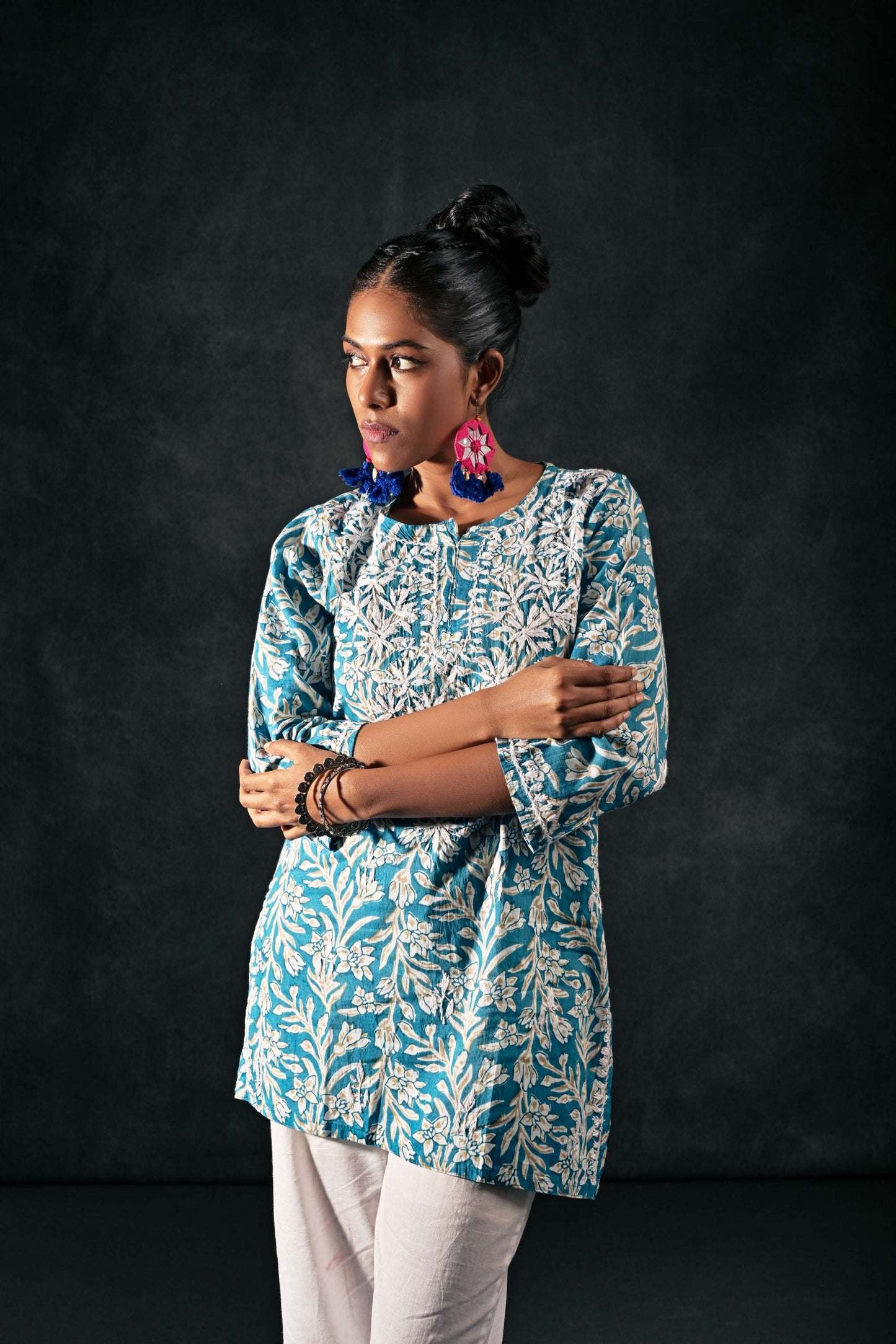 Straight Cut Blue Kurti with White Chikan Embroidery