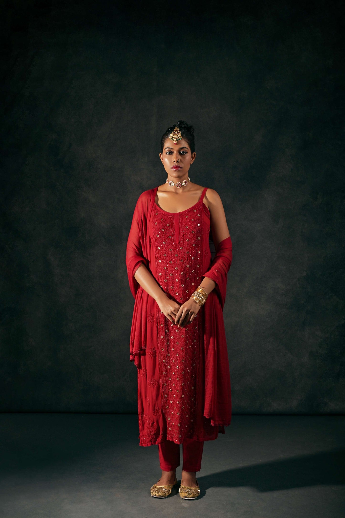 Intricately Embroidered Red Georgette Kurta for Festive Glam