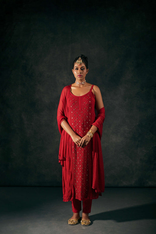 Intricately Embroidered Red Georgette Kurta for Festive Glam