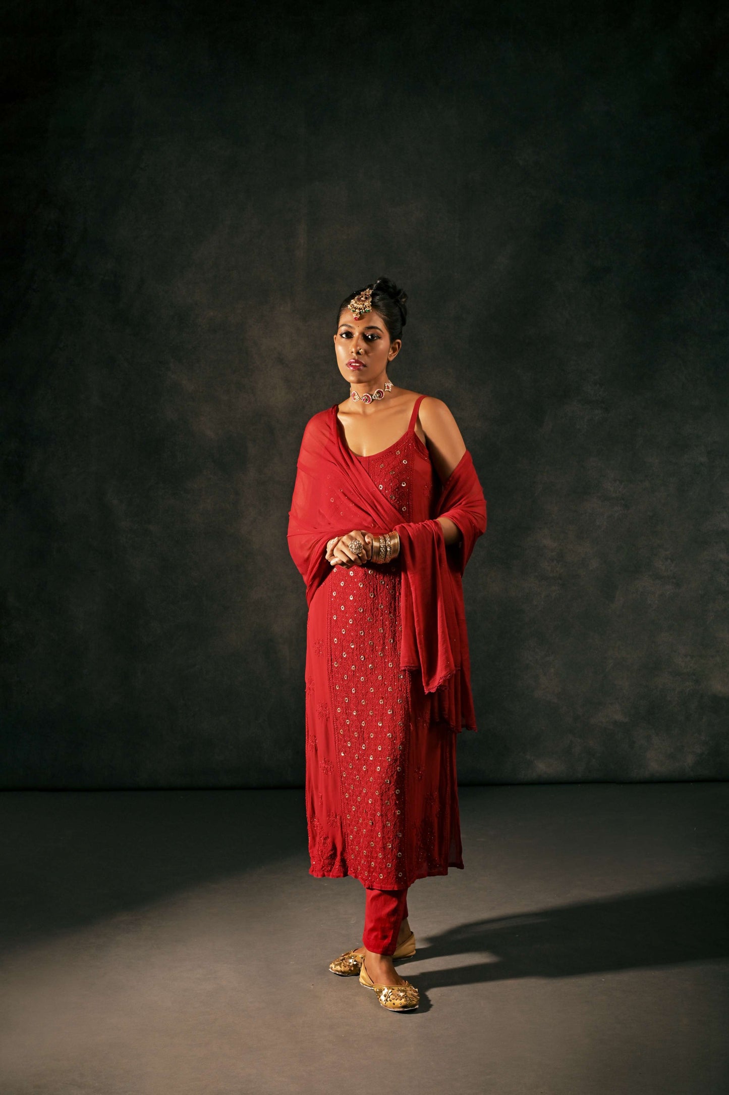 Intricately Embroidered Red Georgette Kurta for Festive Glam