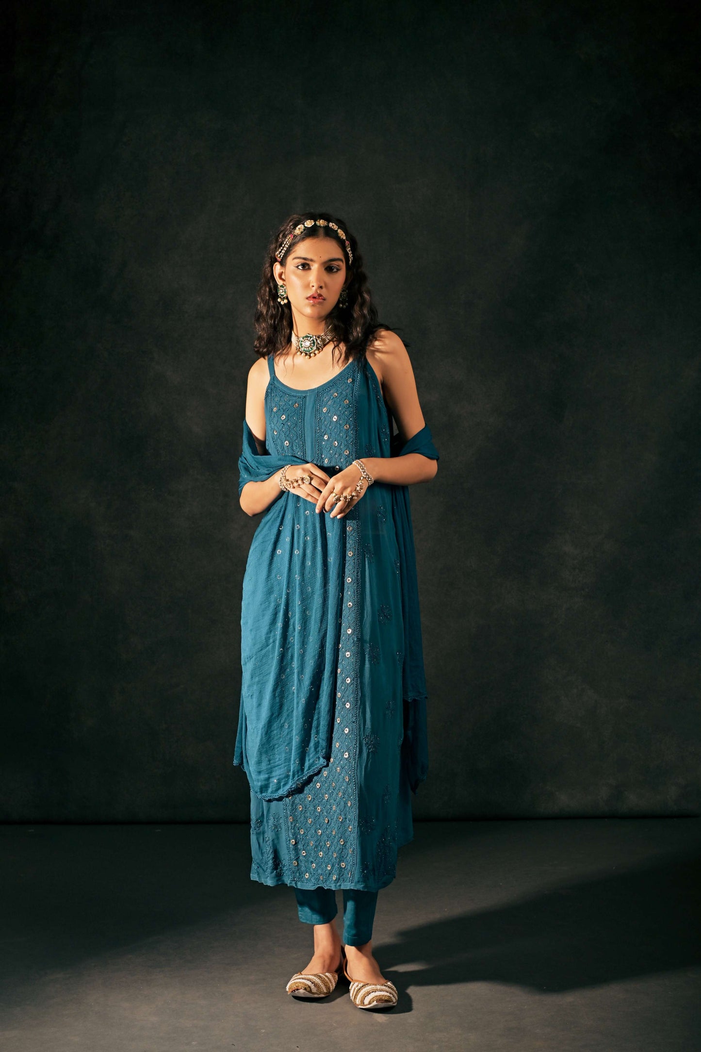 Festive Georgette Kurta Set with Intricate Mukaish Detailing