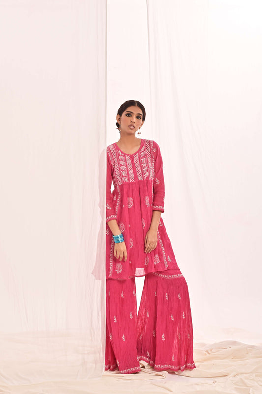 Fuchsia Pink Yolk-Pleated Kurti and Gharara for Festive Elegance