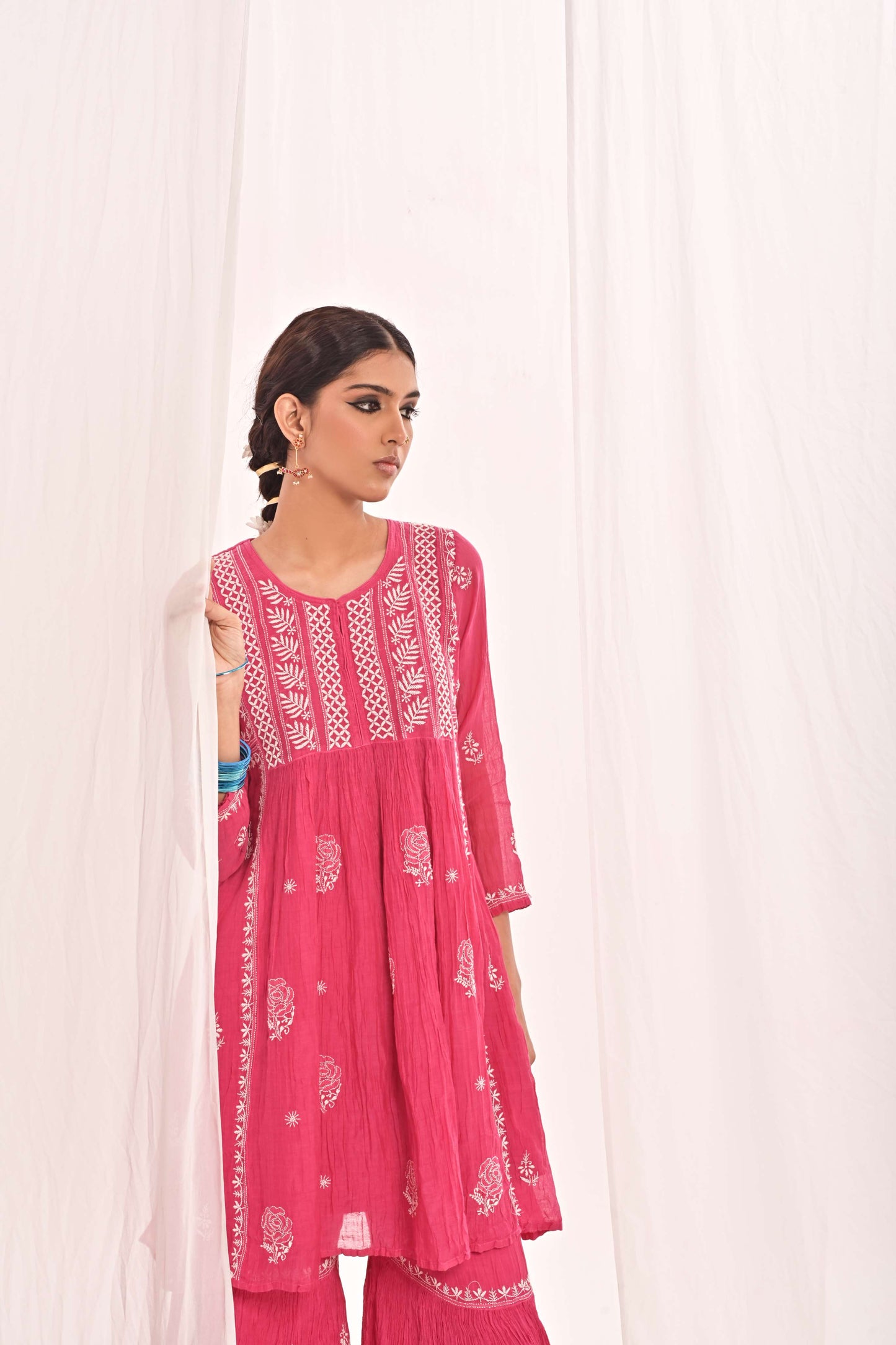 Fuchsia Pink Yolk-Pleated Kurti and Gharara for Festive Elegance