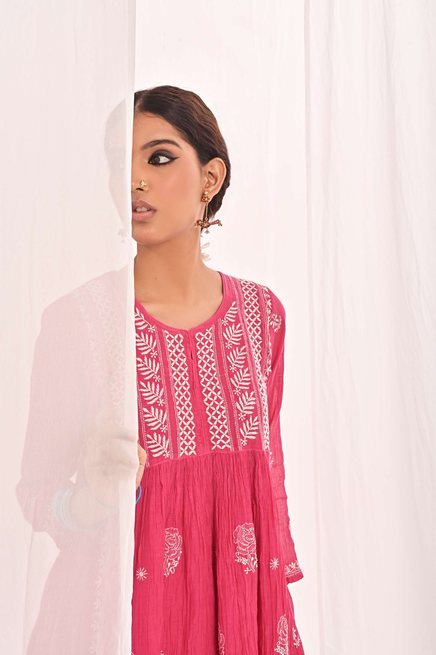 Fuchsia Pink Yolk-Pleated Kurti and Gharara for Festive Elegance