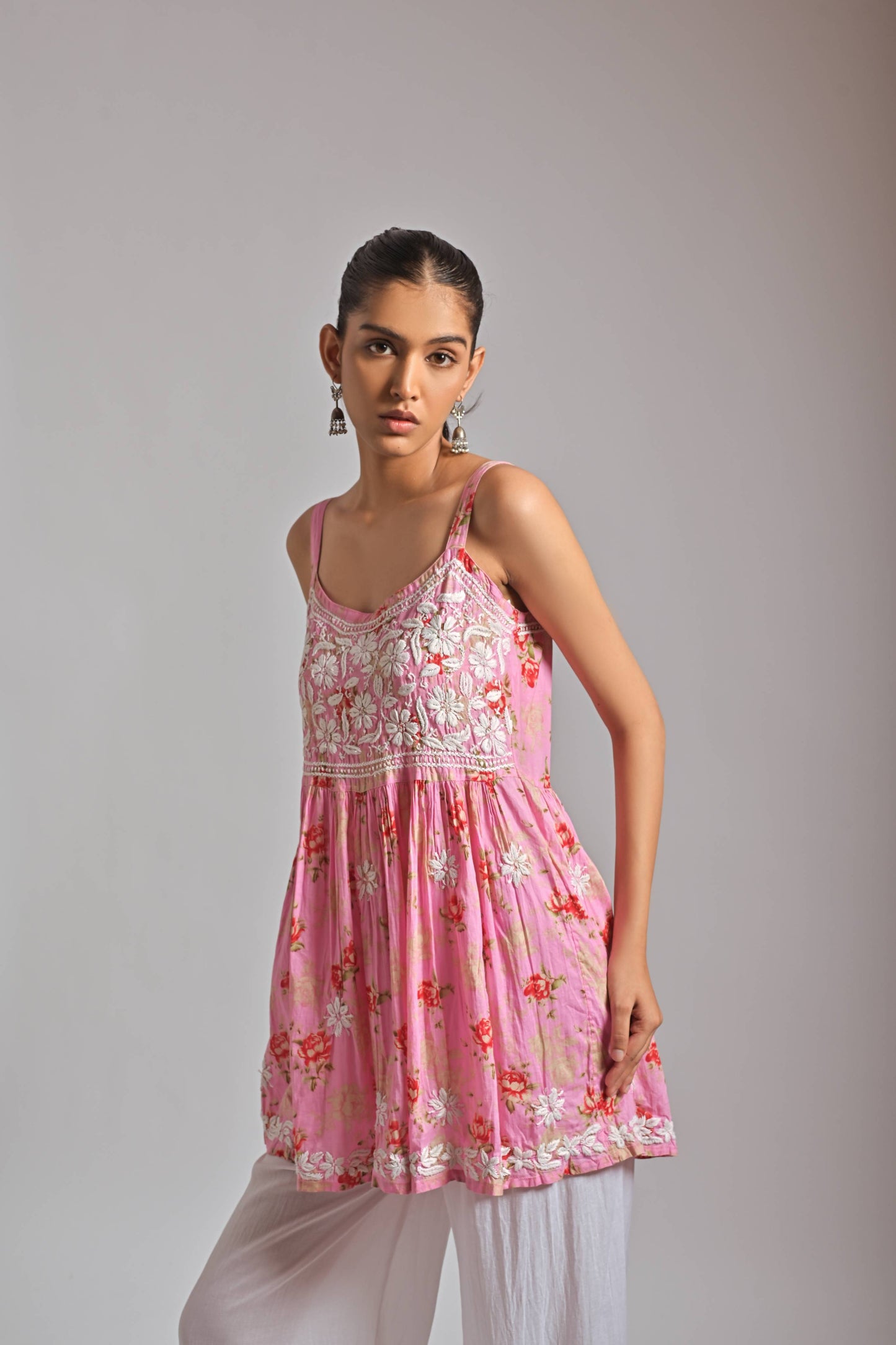 Pink Noodle Strap Chikankari Kurta and Modal Palazzo Set - LabelChikankari