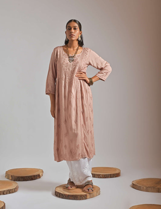 Hand-Embroidered A-Line Modal Kurta and Palazzo Set - Brown