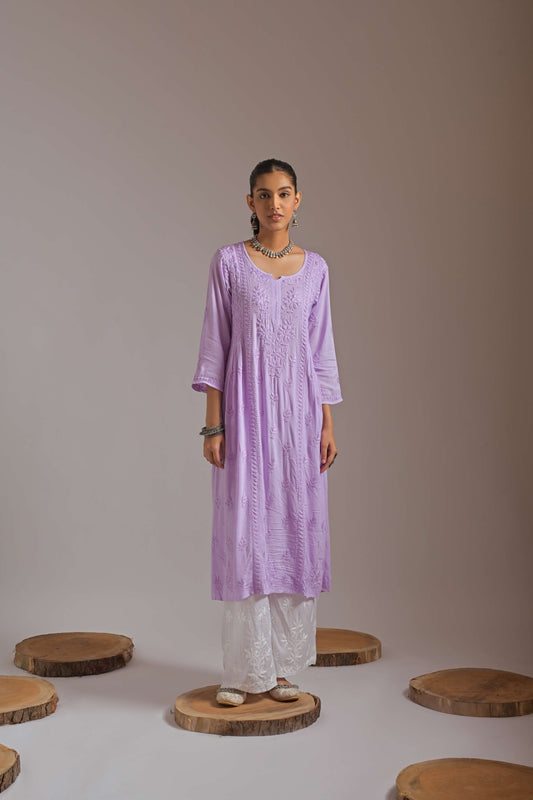 Lilac A-Line Kurta Gown with Modal Palazzo Set – Intricate Hand Embroidery