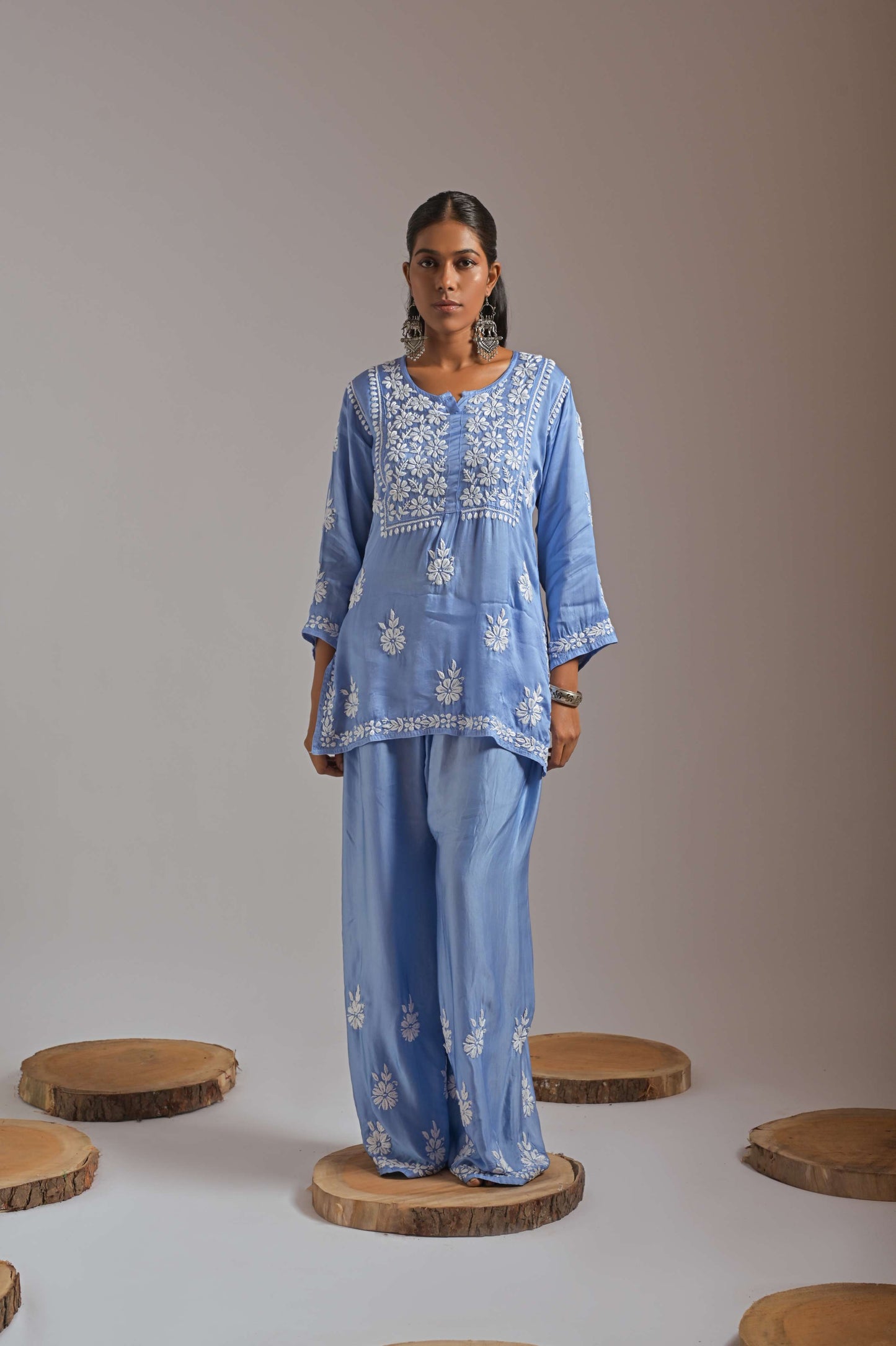 Blue Modal Satin Chikankari Coord Set - Hand Embroidered Kurta & Palazzo by LabelChikankari