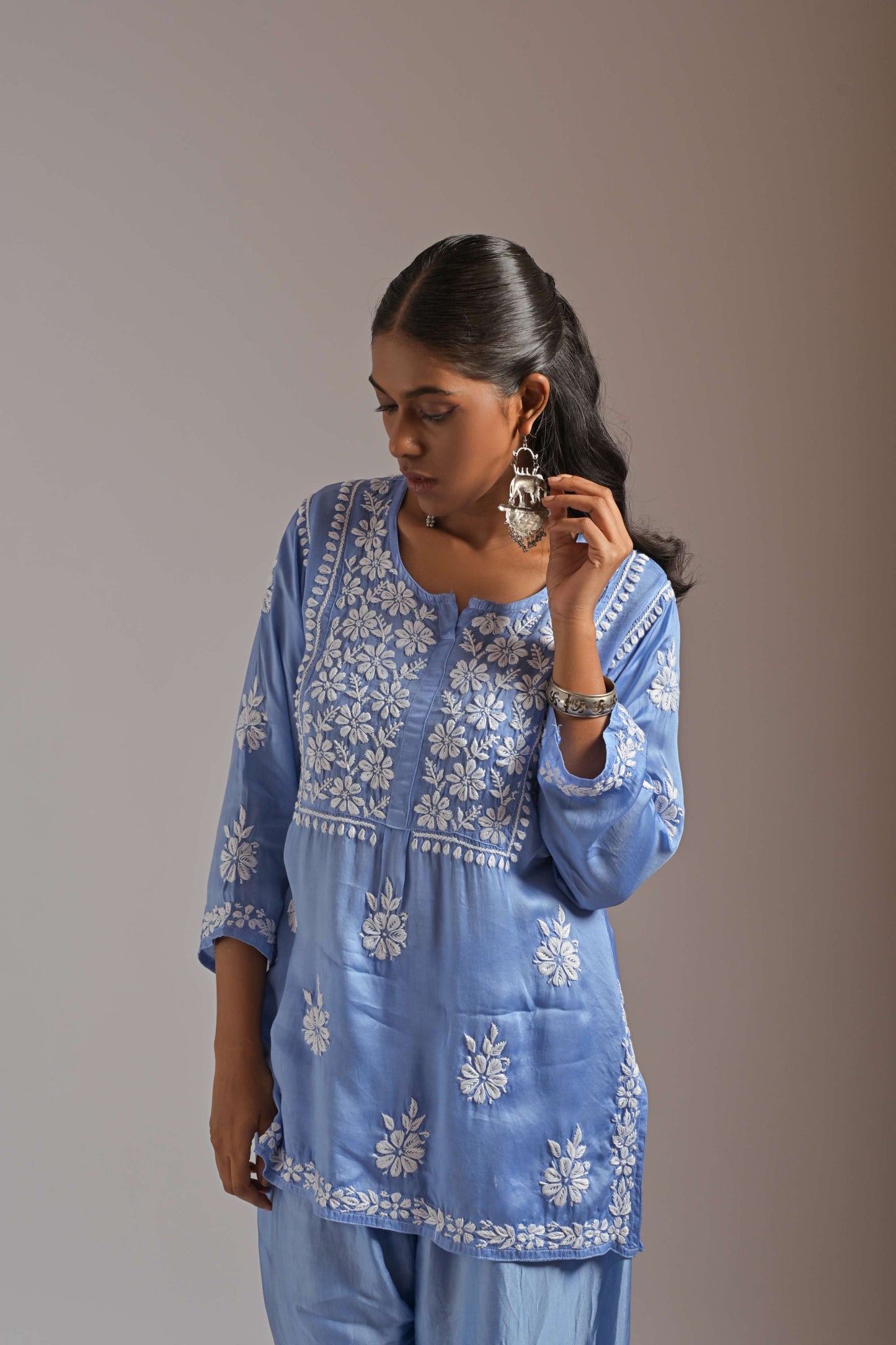 Blue Modal Satin Chikankari Coord Set - Hand Embroidered Kurta & Palazzo by LabelChikankari