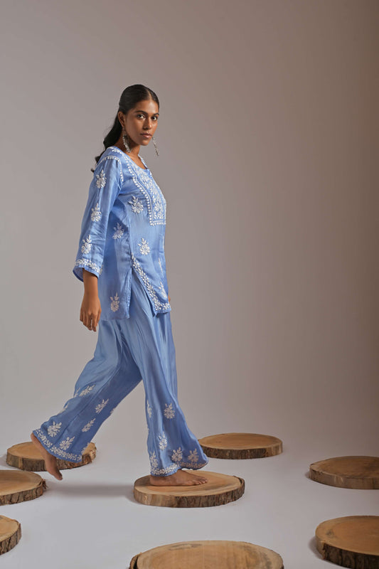 Blue Modal Satin Chikankari Coord Set - Hand Embroidered Kurta & Palazzo by LabelChikankari