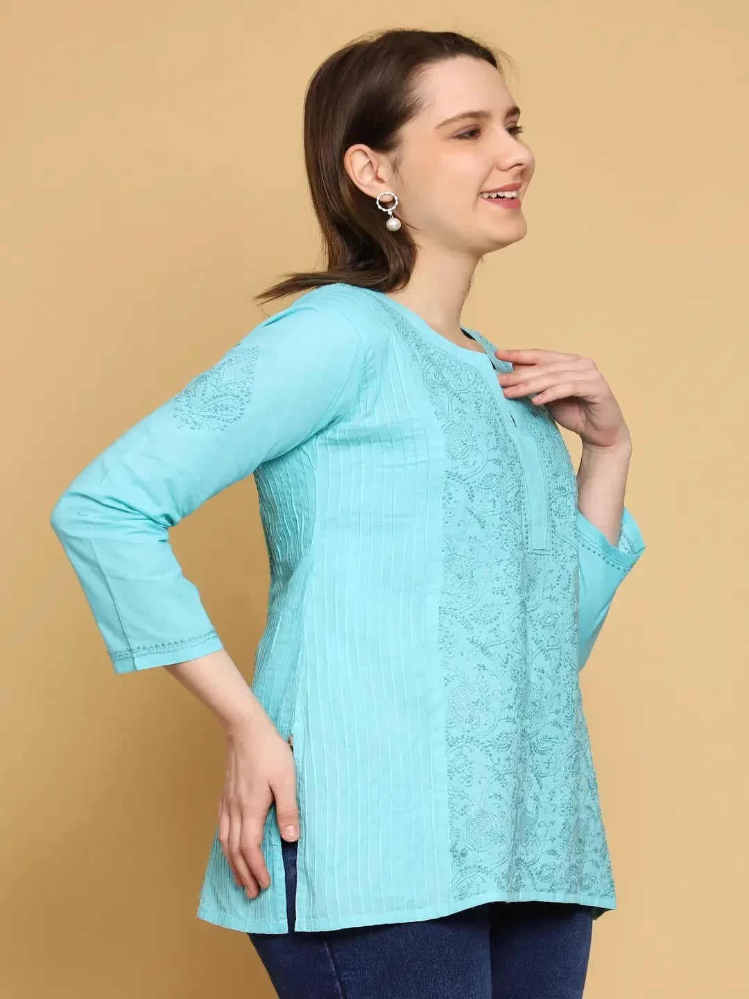 Handcrafted Peach Cotton Kurta with Chikankari Embroidery