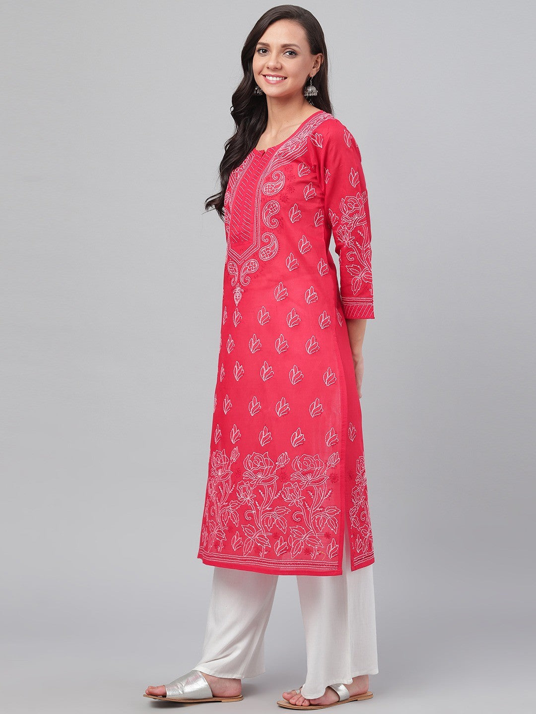 Hand-Embroidered Cotton Lucknowi Chikankari Straight Kurta