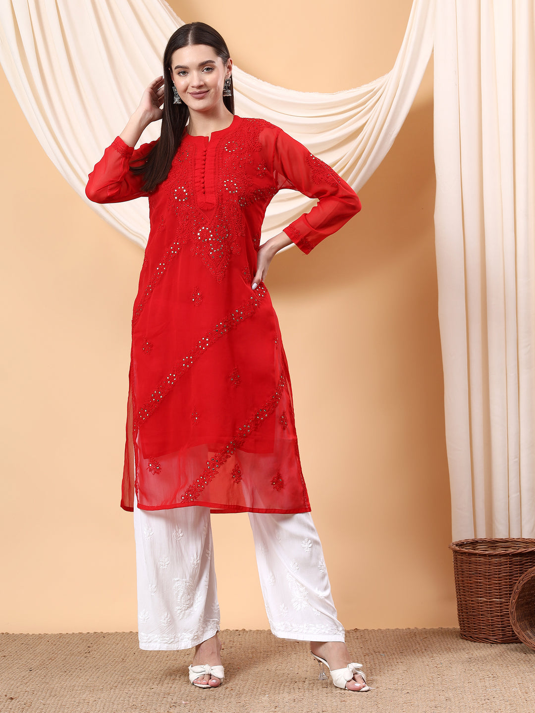 Straight Fit Georgette Kurta with Handcrafted Charm