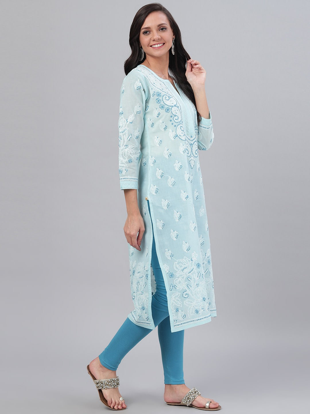 Hand-Embroidered Cotton Lucknowi Chikankari Straight Kurta