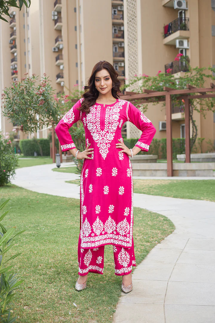 Graceful and Stylish: Handcrafted Lucknowi Kurta with Palazzo