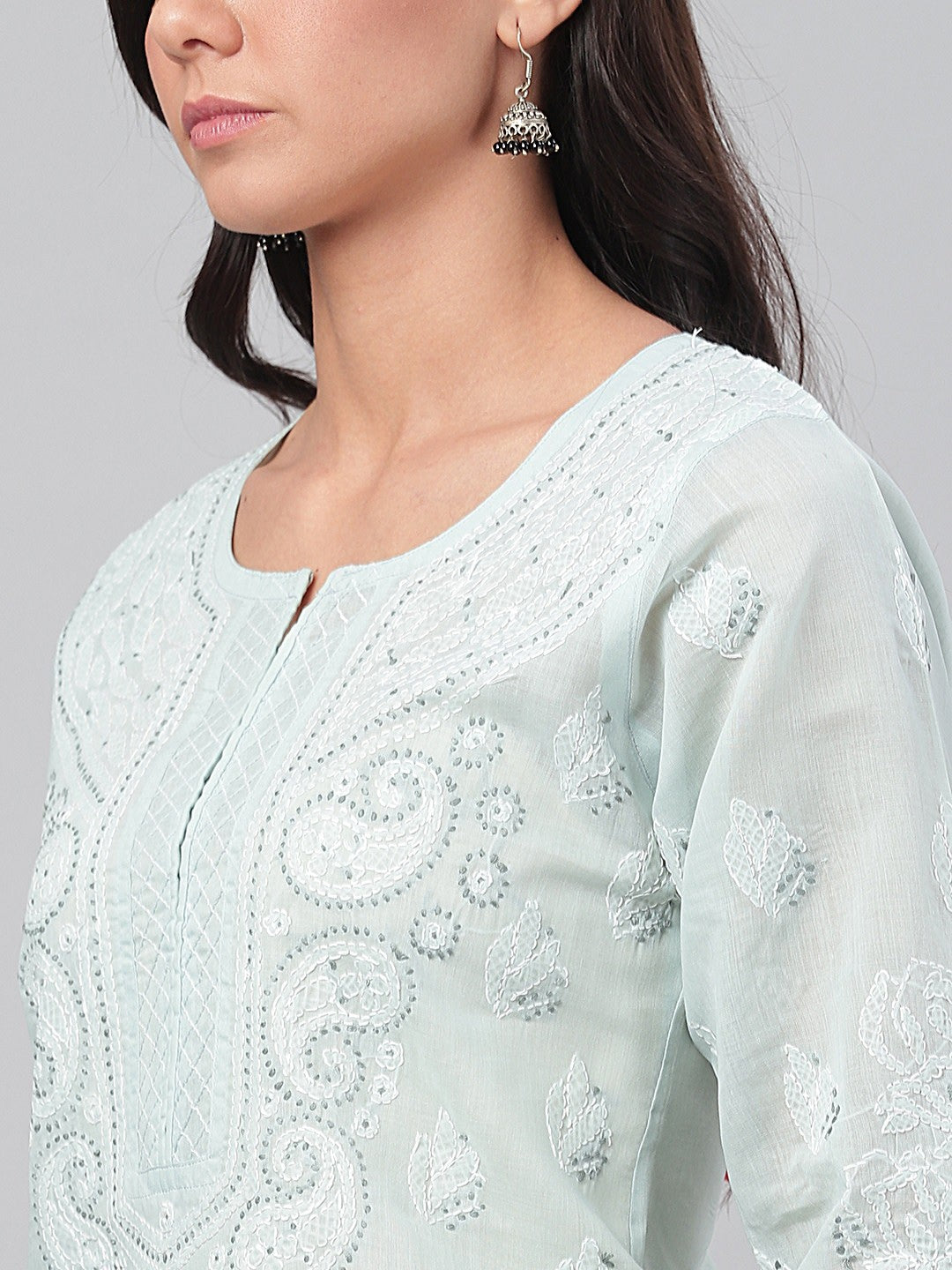 Hand-Embroidered Cotton Lucknowi Chikankari Straight Kurta