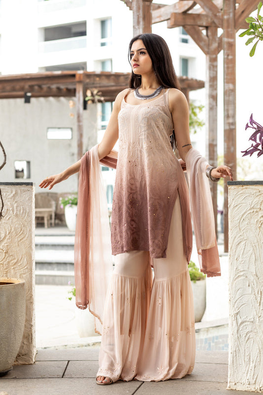 Luxurious Kurti, Gharara, and Dupatta Set with Crochet Accents