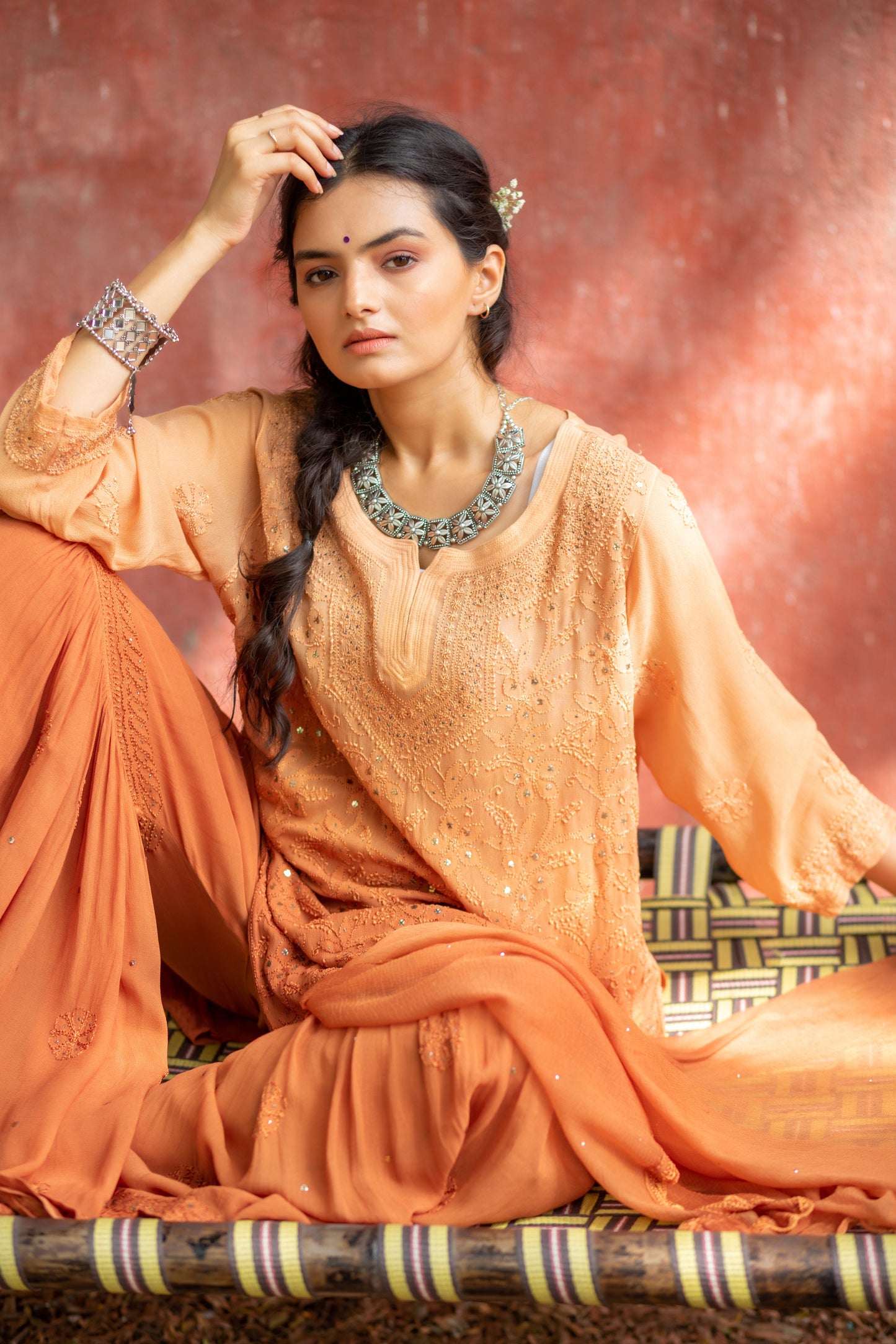 Customizable Chikankari Kurta with Flared Gharara and Crochet Dupatta