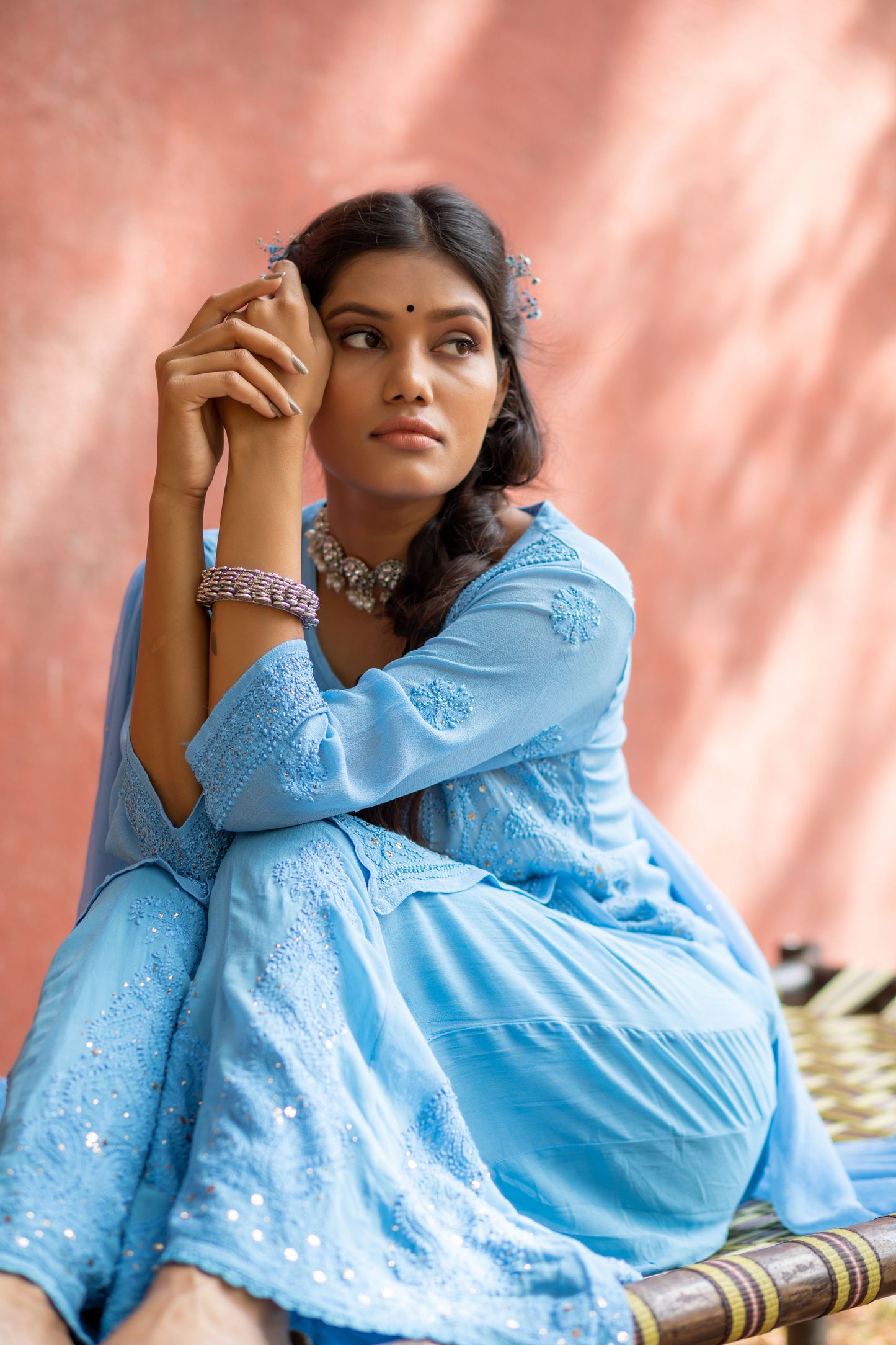 Timeless Hand-Embroidered Chikankari Kurta with Palazzo and Dupatta