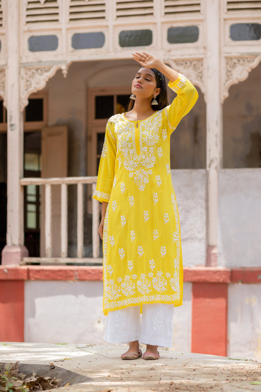 Vibrant Yellow Chikankari Kurti with Matching Palazzo