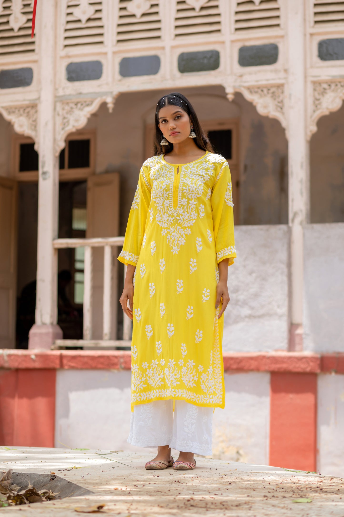 Vibrant Yellow Chikankari Kurti with Matching Palazzo