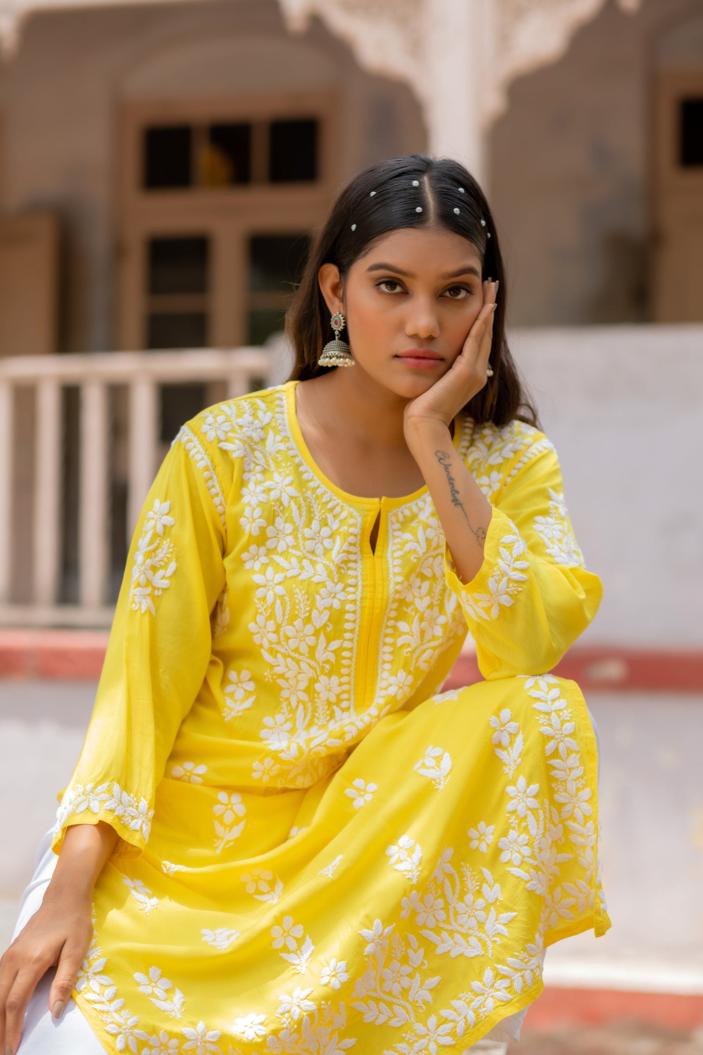 Vibrant Yellow Chikankari Kurti with Matching Palazzo