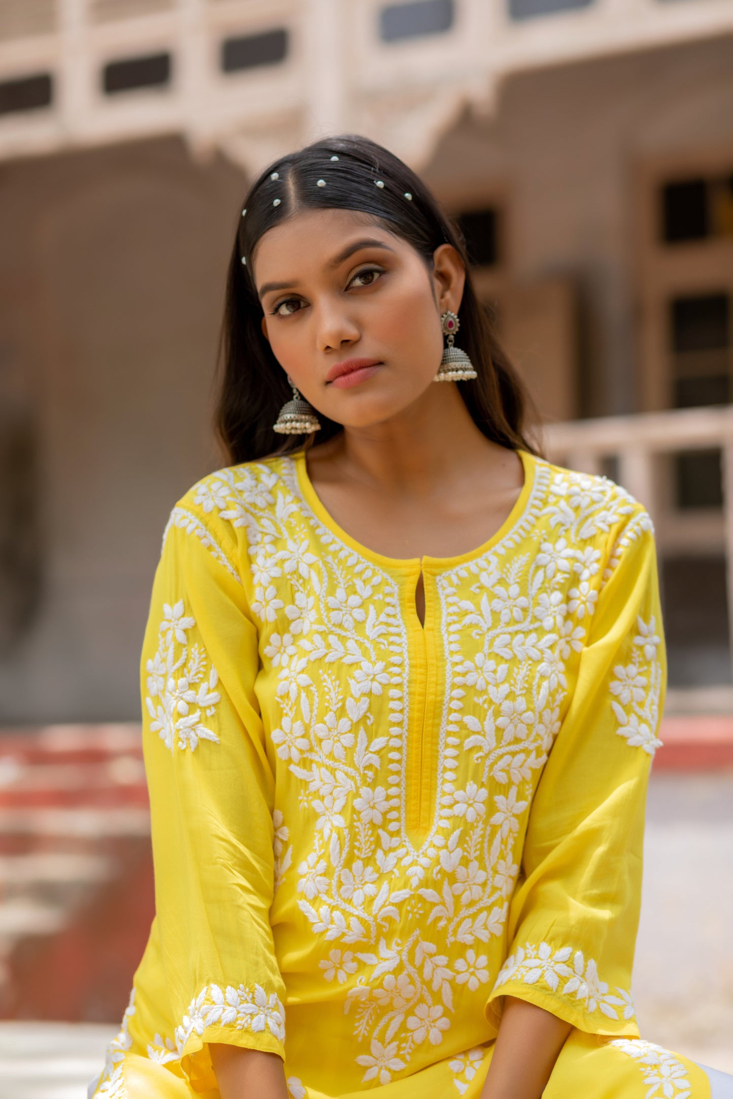 Vibrant Yellow Chikankari Kurti with Matching Palazzo