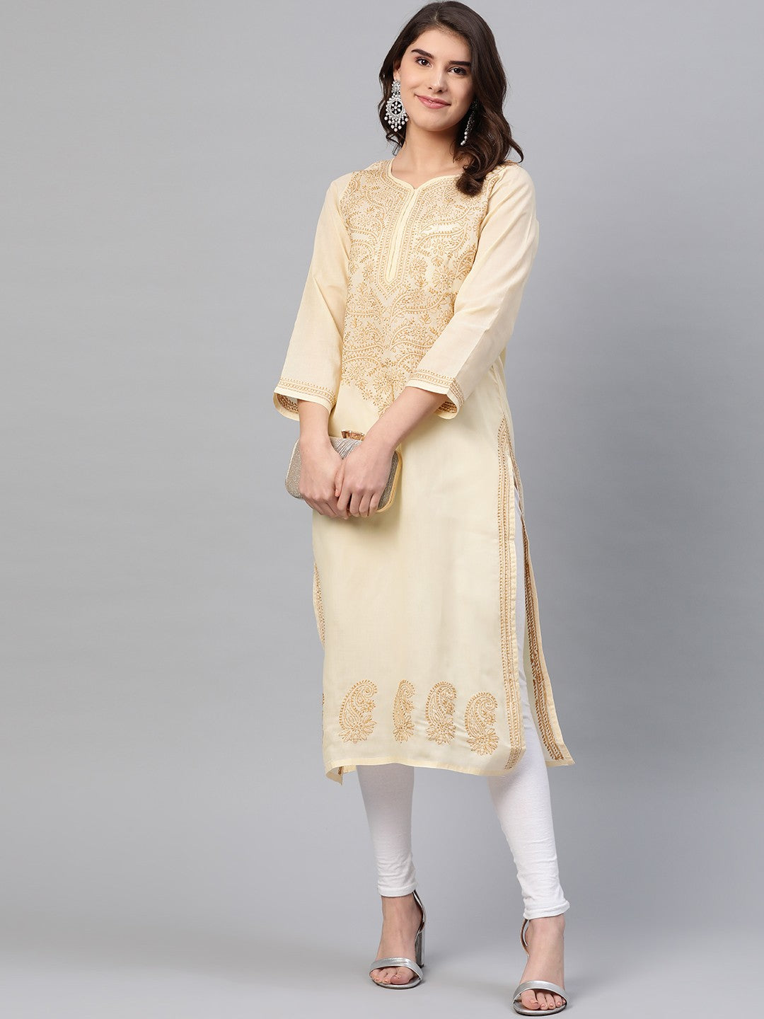 Elegant Fawn Cotton Chikankari Straight Kurta with Hand Embroidery