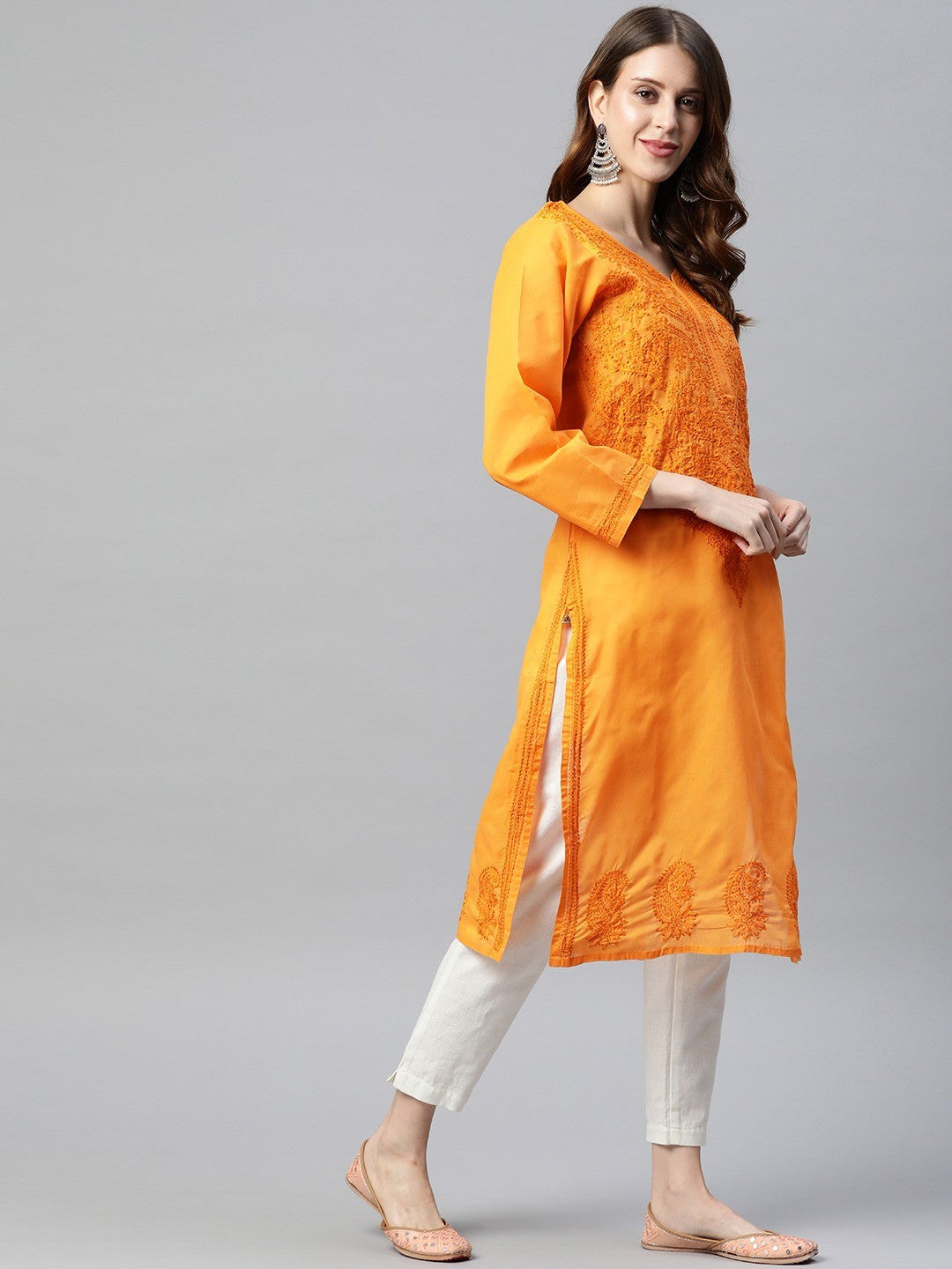 Elegant Fawn Cotton Chikankari Straight Kurta with Hand Embroidery