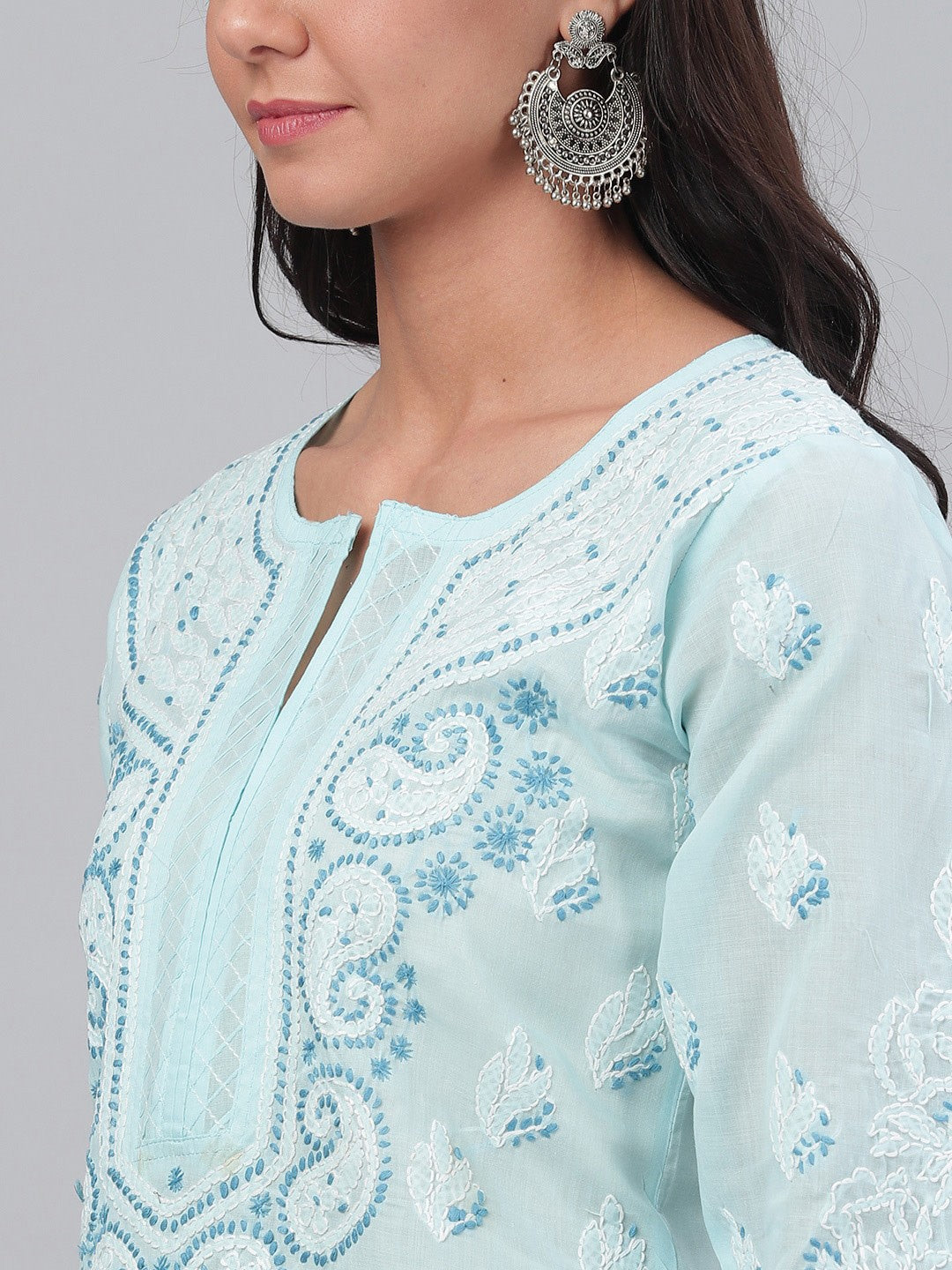 Hand-Embroidered Cotton Lucknowi Chikankari Straight Kurta