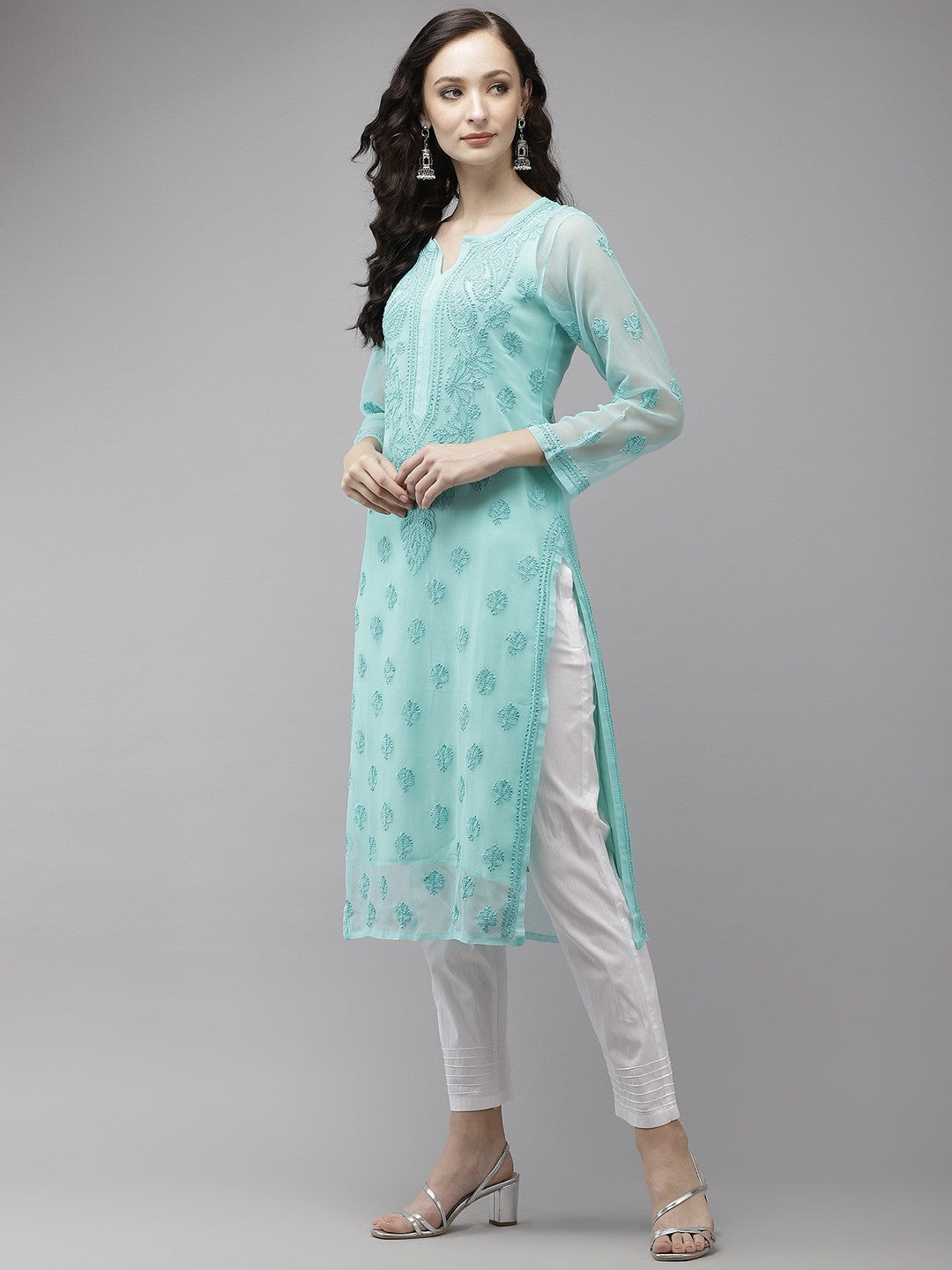 Timeless Handcrafted Chikankari Faux Georgette Kurta and Cotton Trouser Set