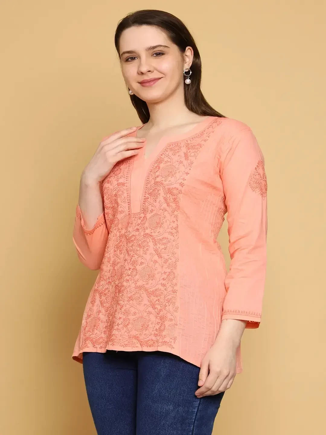 Handcrafted Peach Cotton Kurta with Chikankari Embroidery