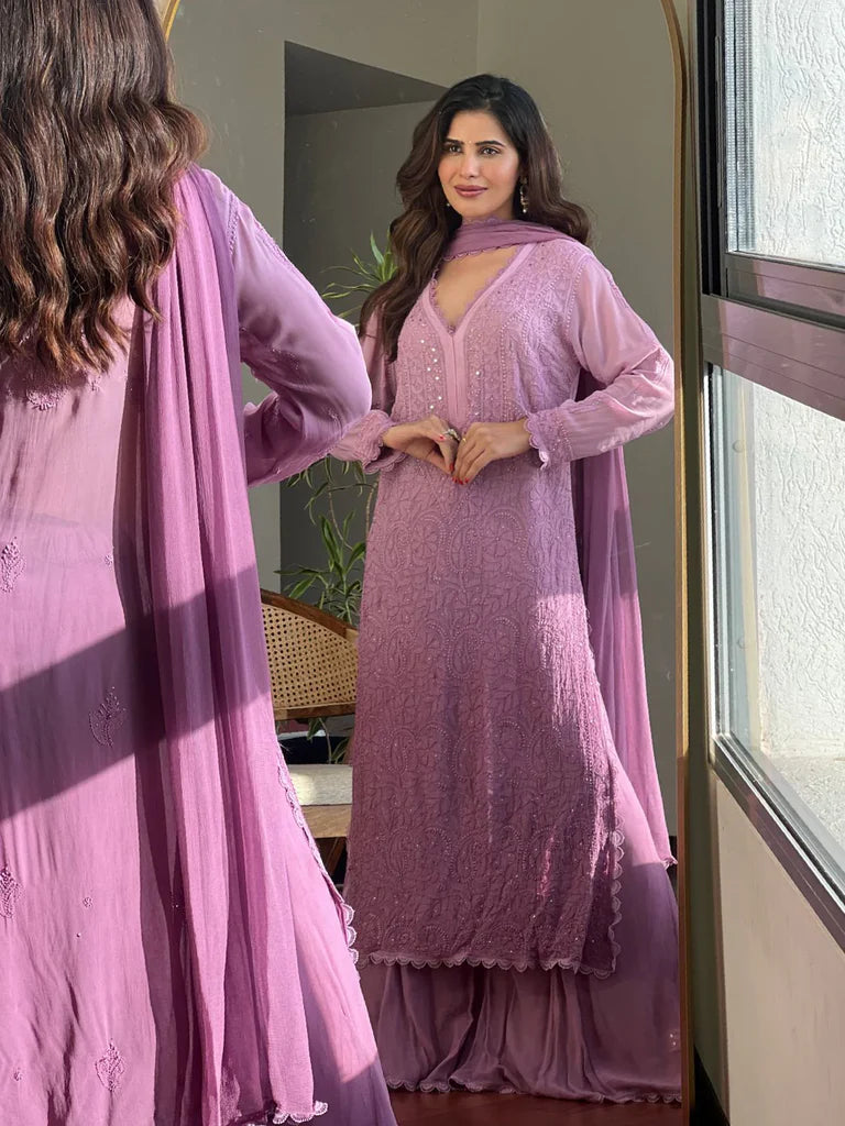 Royal Purple Chikankari Suit Set in Viscose Georgette Silk