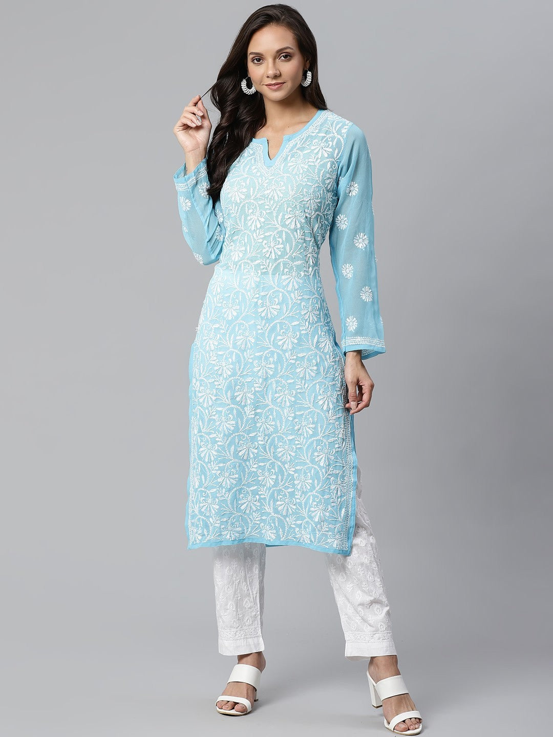 Elegant Hand-Embroidered Faux Georgette Chikankari Kurta Set with Cotton Trousers