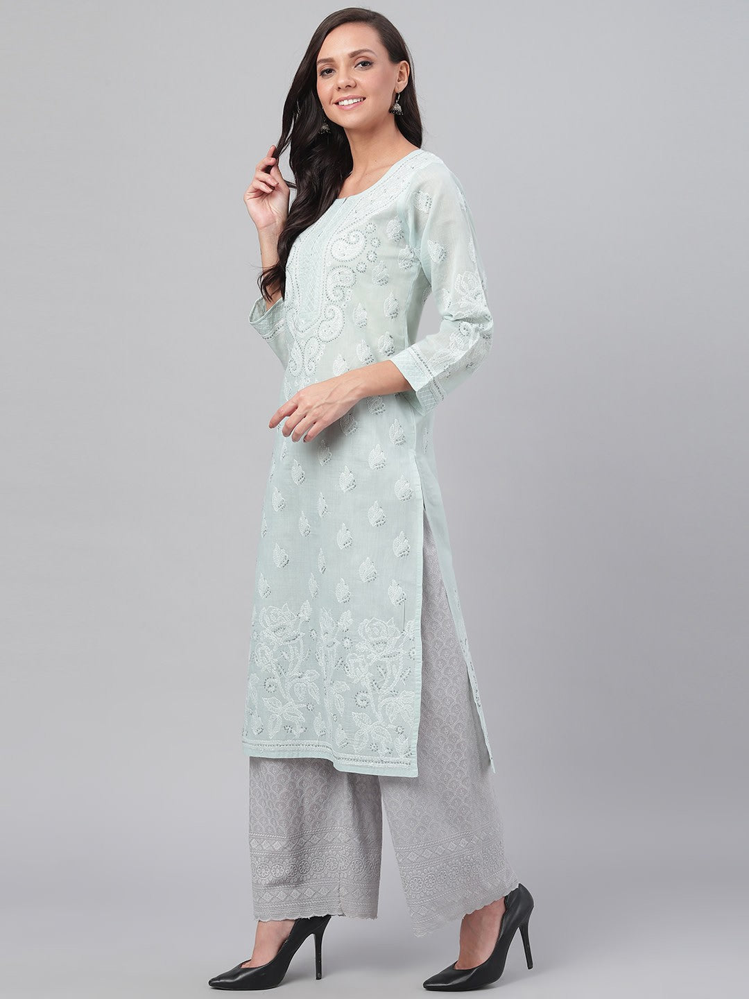 Hand-Embroidered Cotton Lucknowi Chikankari Straight Kurta