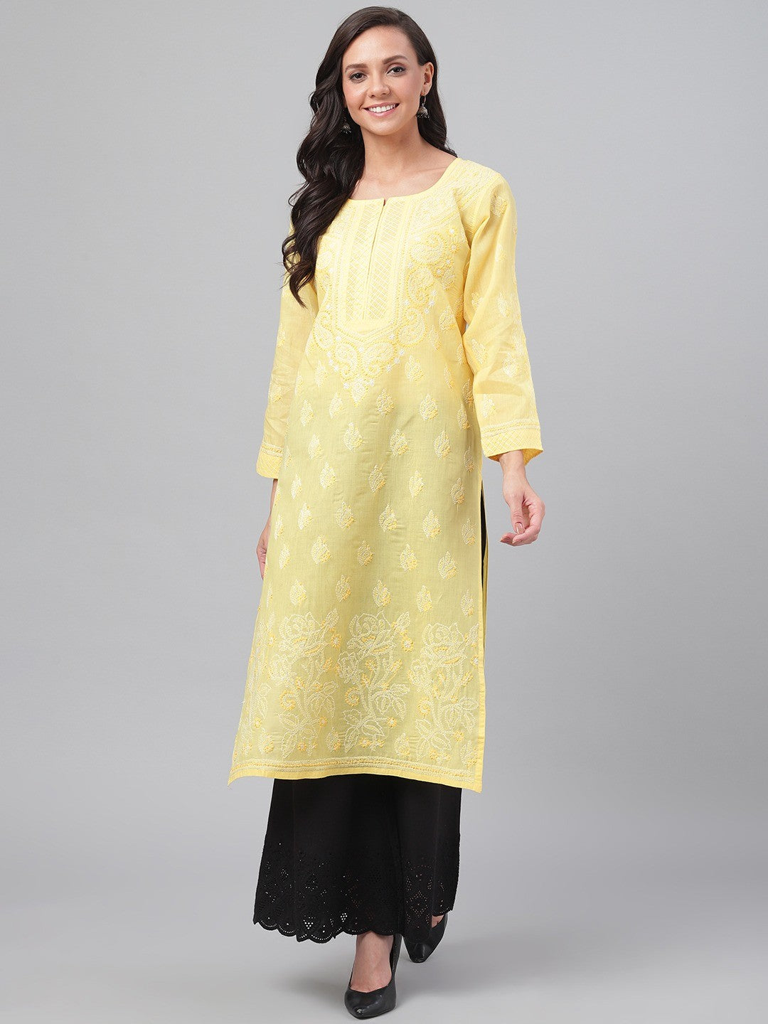 Hand-Embroidered Cotton Lucknowi Chikankari Straight Kurta