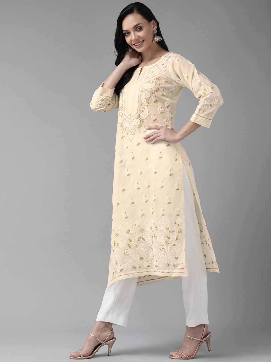 Hand-Embroidered Cotton Lucknowi Chikankari Straight Kurta