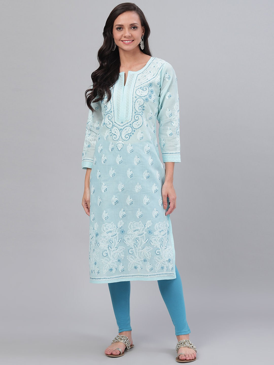 Hand-Embroidered Cotton Lucknowi Chikankari Straight Kurta